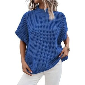 Viottiset Blue Waffle Knit Mock Neck Poncho Sweater Oversized Short Sleeve XL